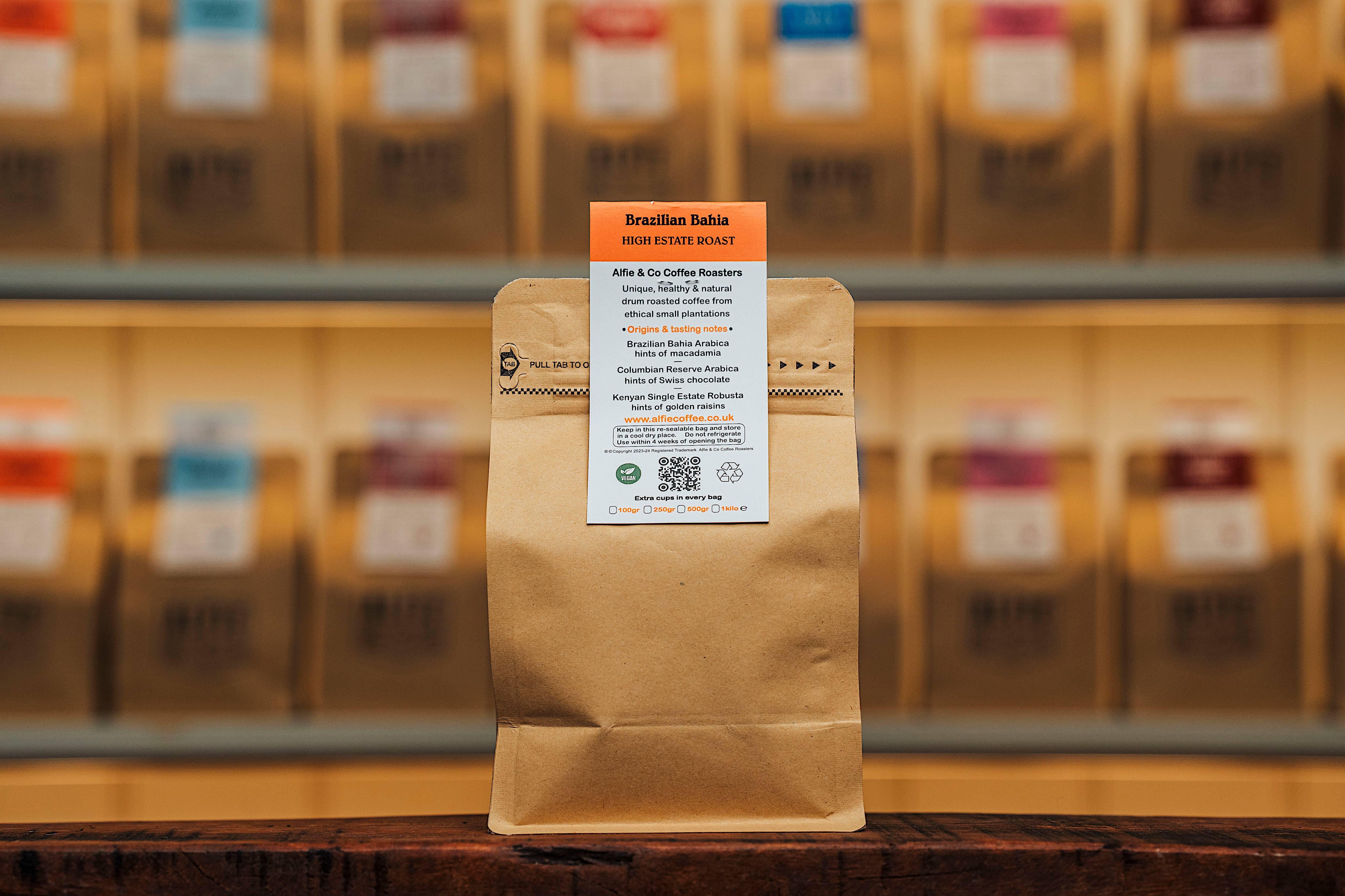 Brazilian Bahia by Alfie & Co Coffee Roasters – a rich, chocolatey medium-dark roast coffee showing flavour profile and label detail in warm ambient lighting.