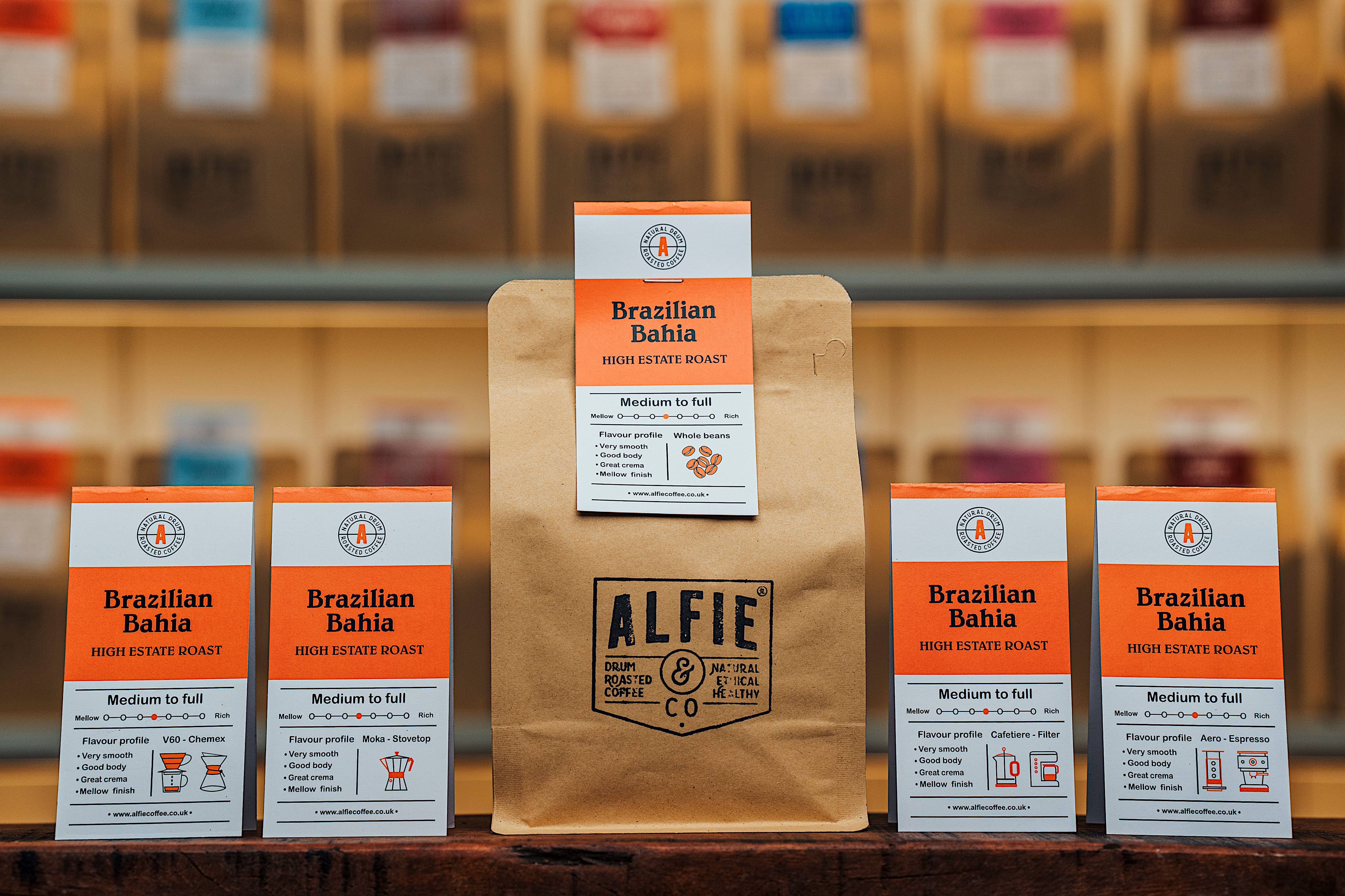Alfie & Co Coffee Roasters – Brazilian Bahia whole-bean coffee surrounded by six matching grind options for V60, Chemex, Moka pot, Cafetiere, Filter and Espresso brewing.