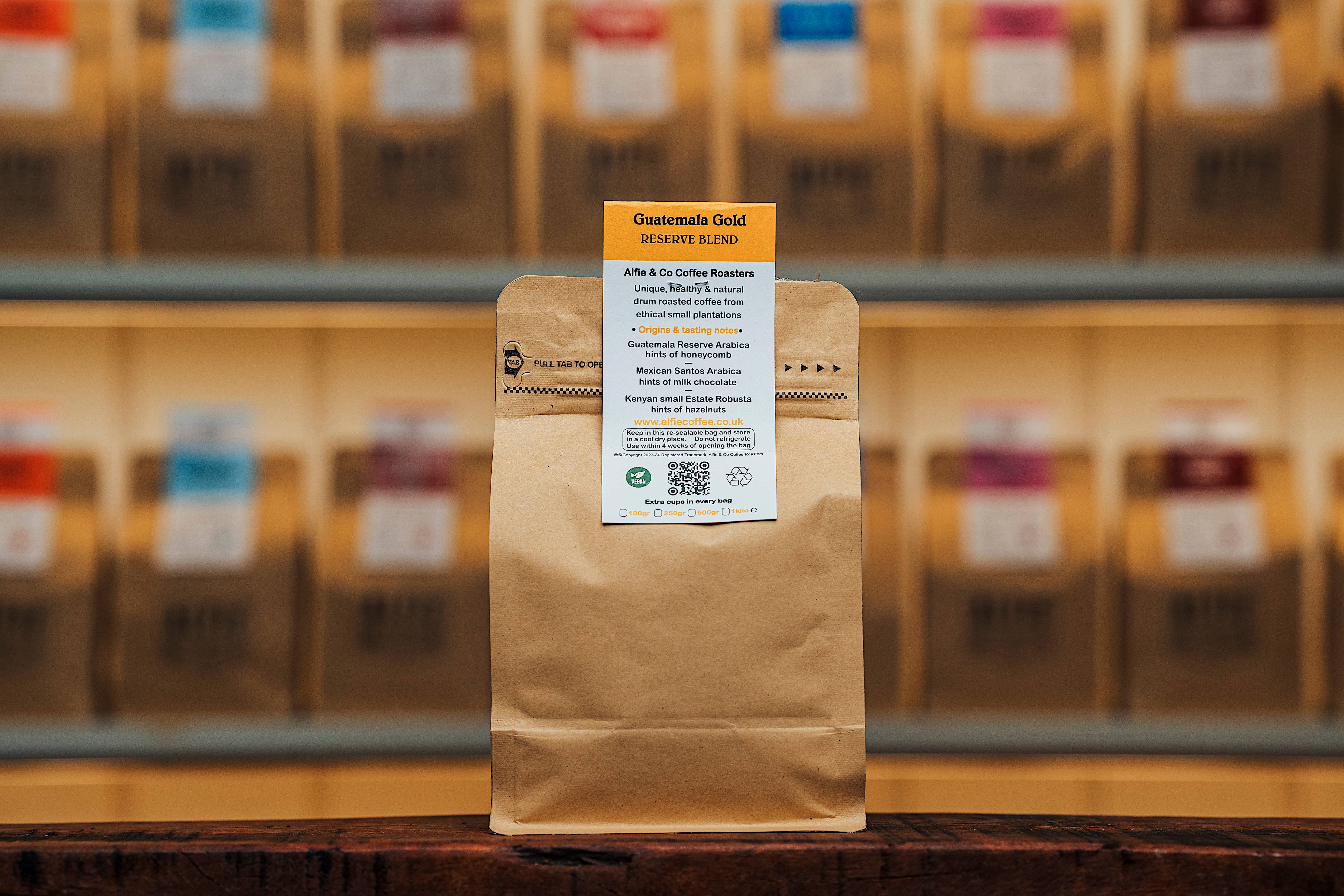 Guatemala Gold by Alfie & Co Coffee Roasters – a smooth, medium roast coffee showing flavour profile and label detail in warm ambient lighting.